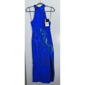 Zara NWT cobalt blue sequin halter dress fitted with a front side leg slit XS
